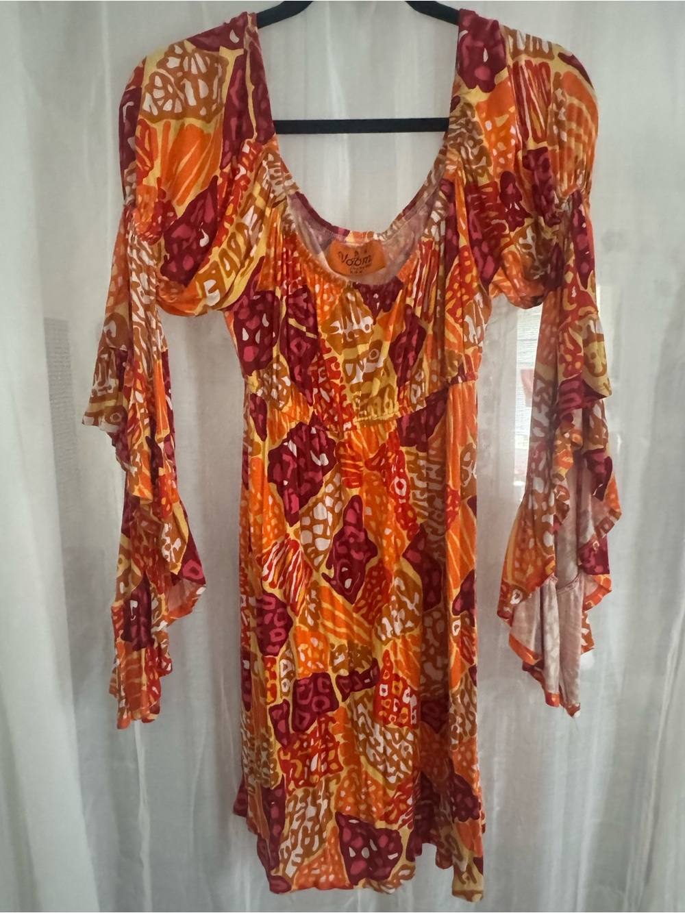 Voom by Joy Han Orange and Maroon Patterned Long Sleeve Boho Dress